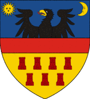 In einem durch eine rote Binde quergeteiltem Schilde oben in blau einenhalben schwarzen Adler, begleitet von Sonne und Mond; unten in Gold sieben rote Burgen.